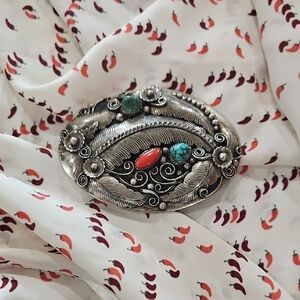 Silver and Turquoise Feather Brooch